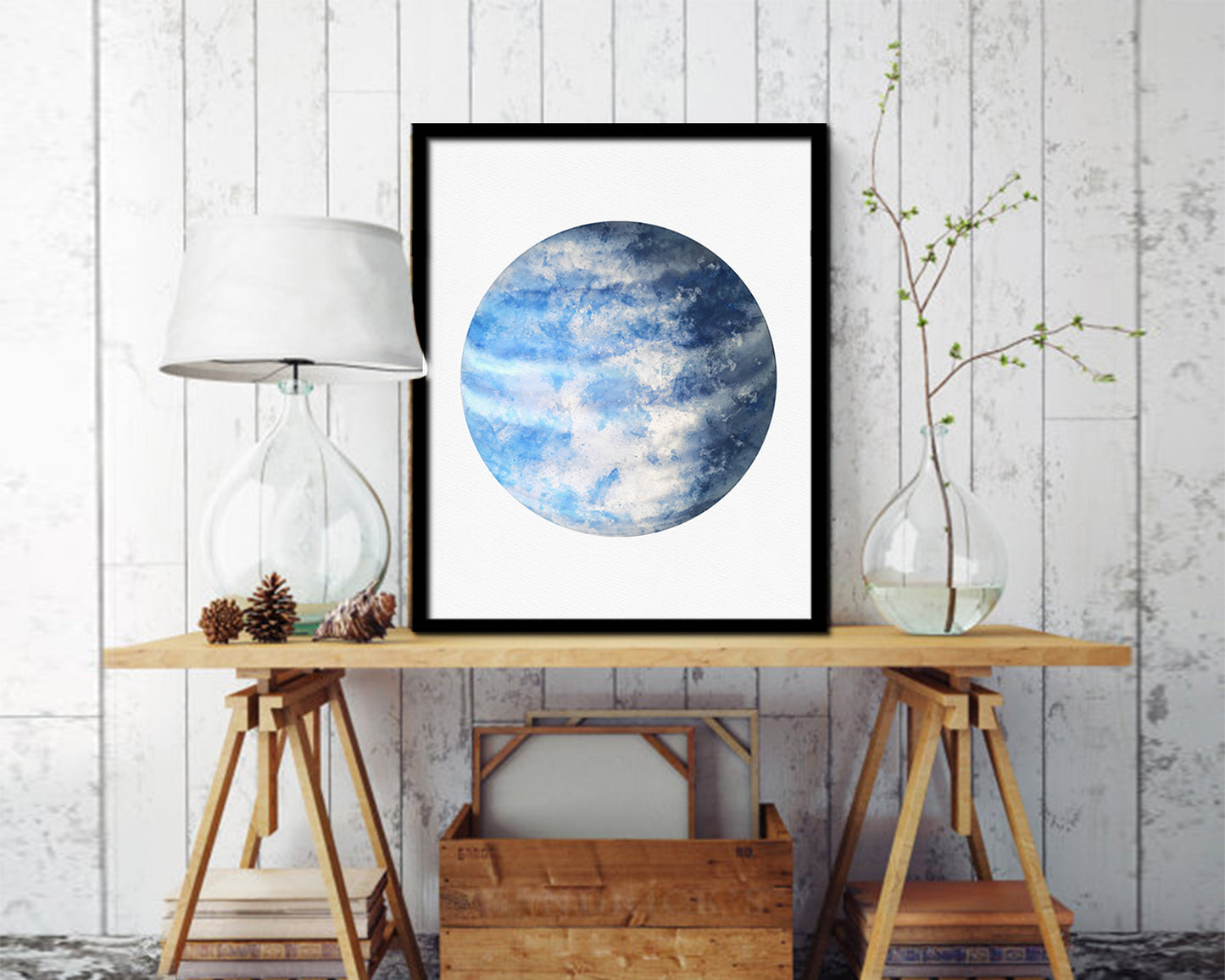 Neptune Planet Prints Watercolor Solar System Wood Framed Paper Print Wall Art Decor Gifts