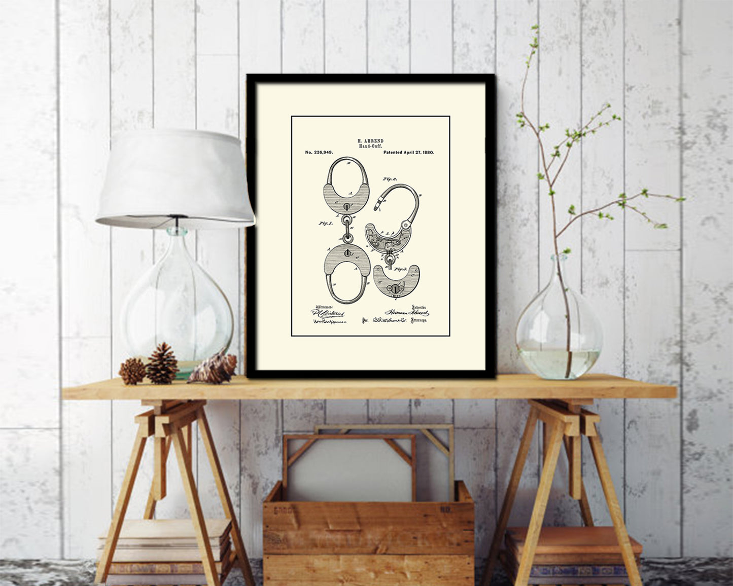 Handcuffs Police Vintage Patent Artwork Black Frame Print Wall Art Decor Gifts