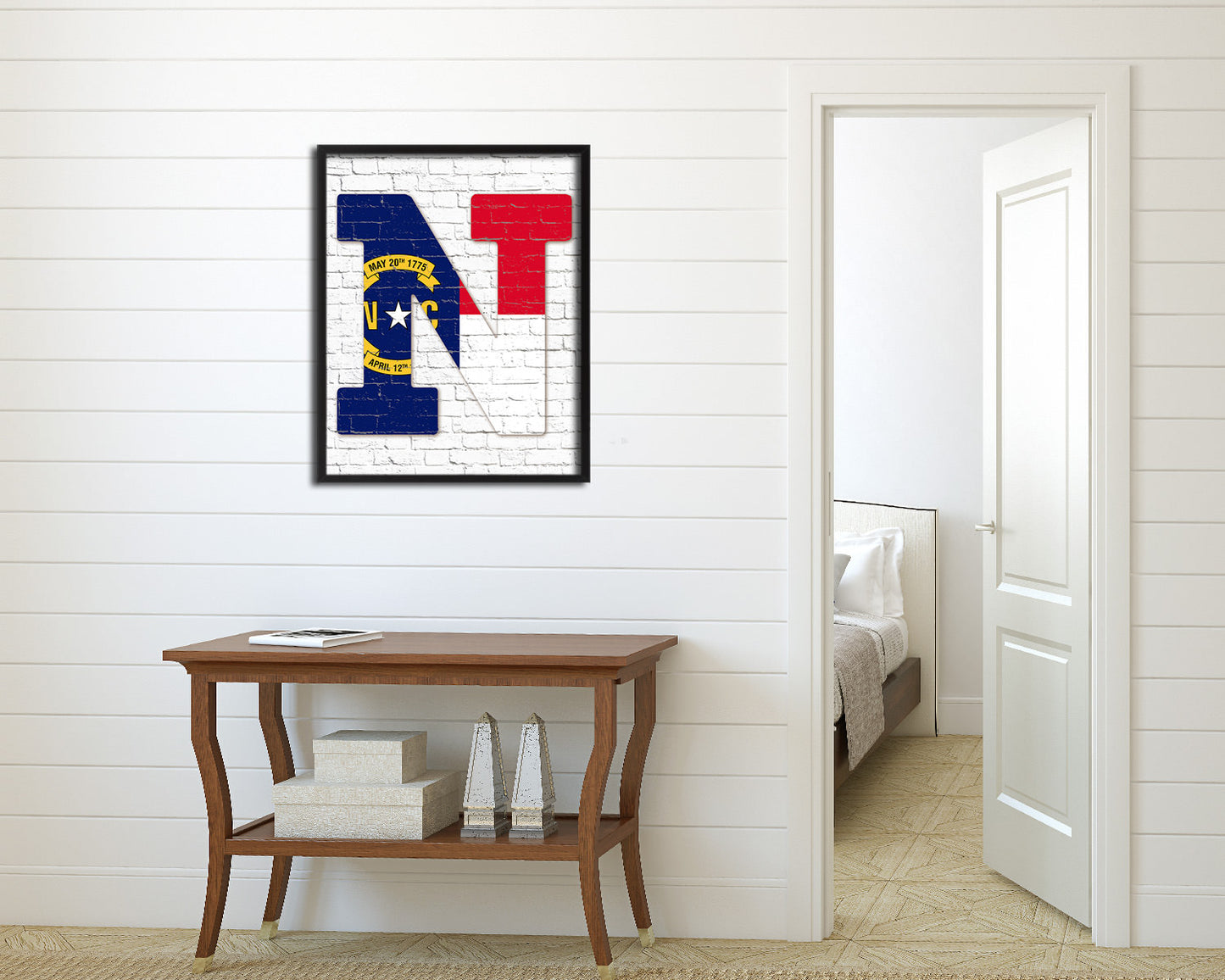 North Carolina State Initial Flag Wood Framed Paper Print Decor Wall Art Gifts, Brick