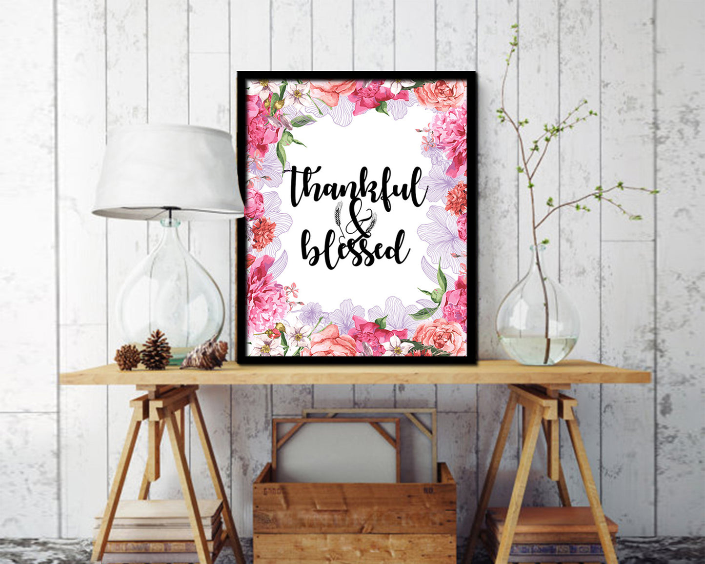 Thankful & Blessed Quote Framed Print Home Decor Wall Art Gifts