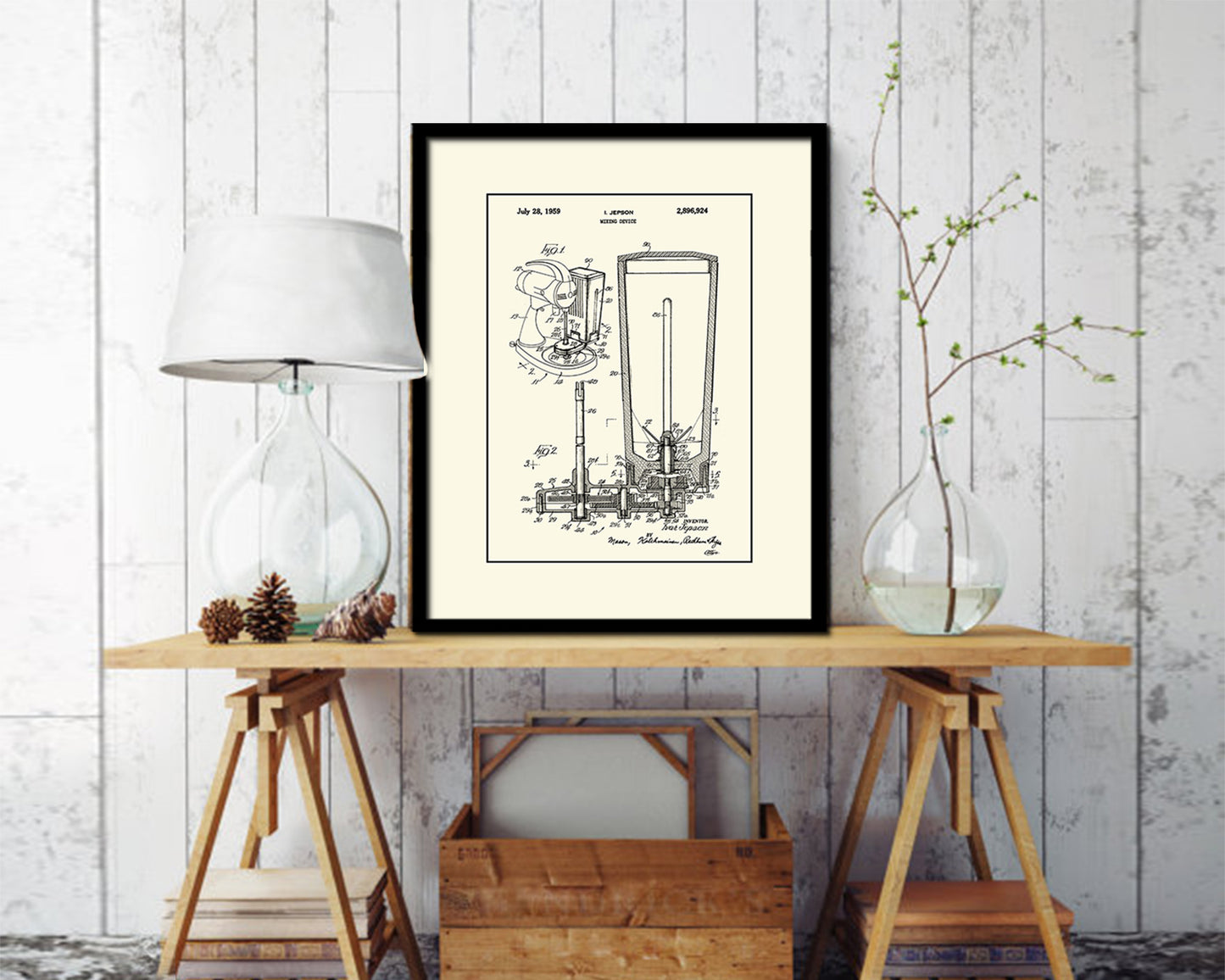 Mixing device Kitchen Vintage Patent Artwork Black Frame Print Wall Art Decor Gifts