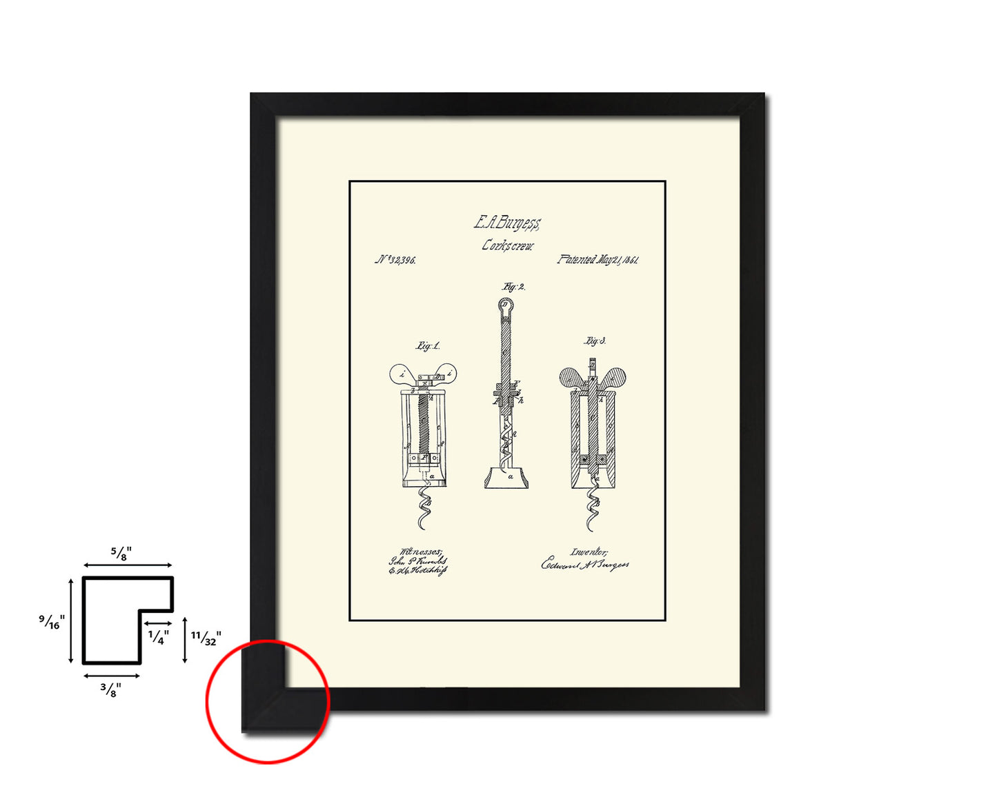 Corkscrew Wine Vintage Patent Artwork Black Frame Print Gifts