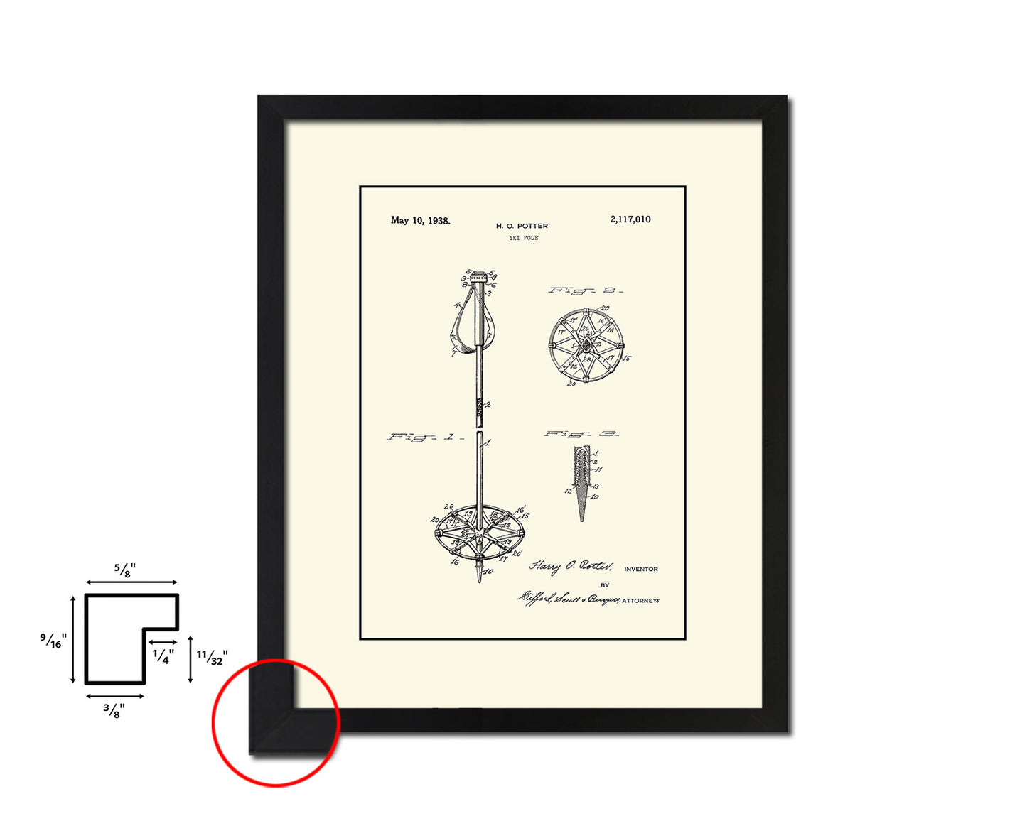 Ski Pole Sports Vintage Patent Artwork Black Frame Print Gifts