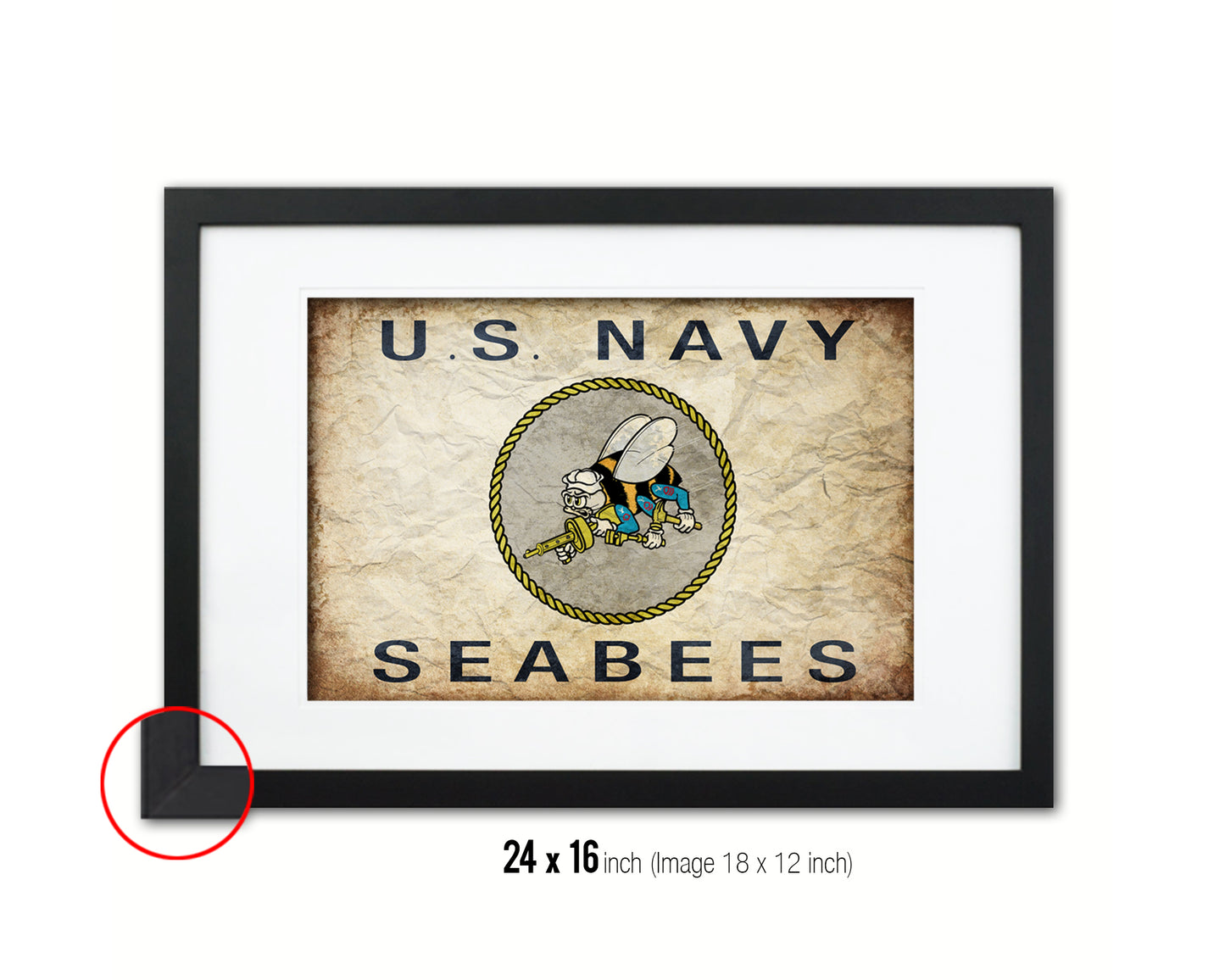 US Navy Seabees Vintage Military Flag Framed Print Sign Decor Wall Art Gifts