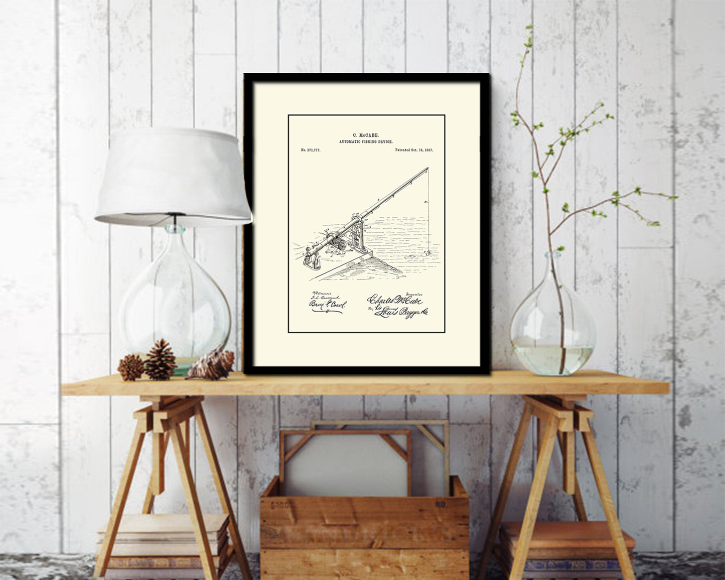 Automatic Fishing Device Fishing Vintage Patent Artwork Black Frame Print Gifts