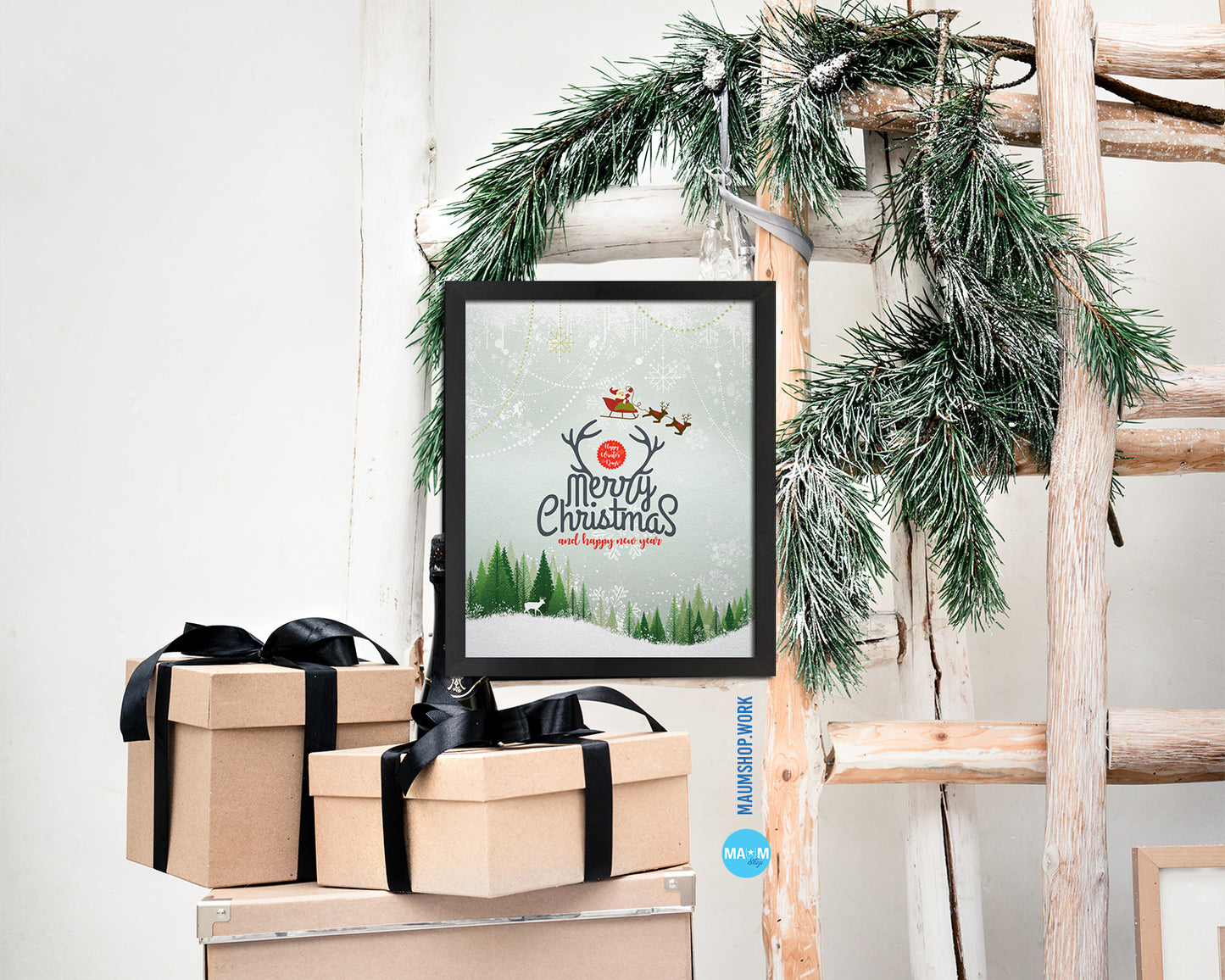 Merry Christmas and Happy New Year Holiday Season Gifts Wood Framed Print Home Decor Wall Art