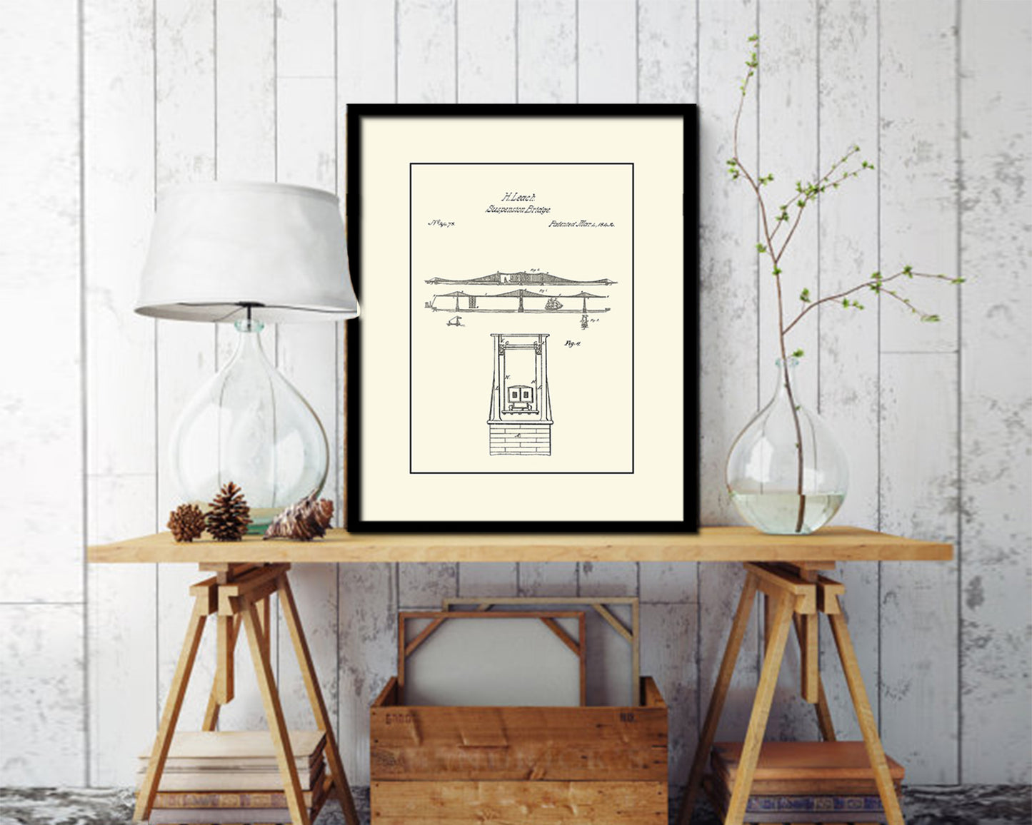 Suspension Bridge Nautical Vintage Patent Artwork Black Frame Print Gifts