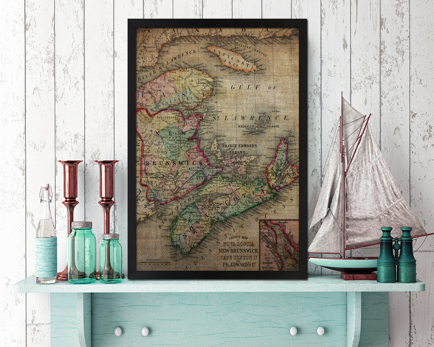 Nova Scotia New Brunswick Canada Vintage Map Wood Framed Print Art Wall Decor Gifts