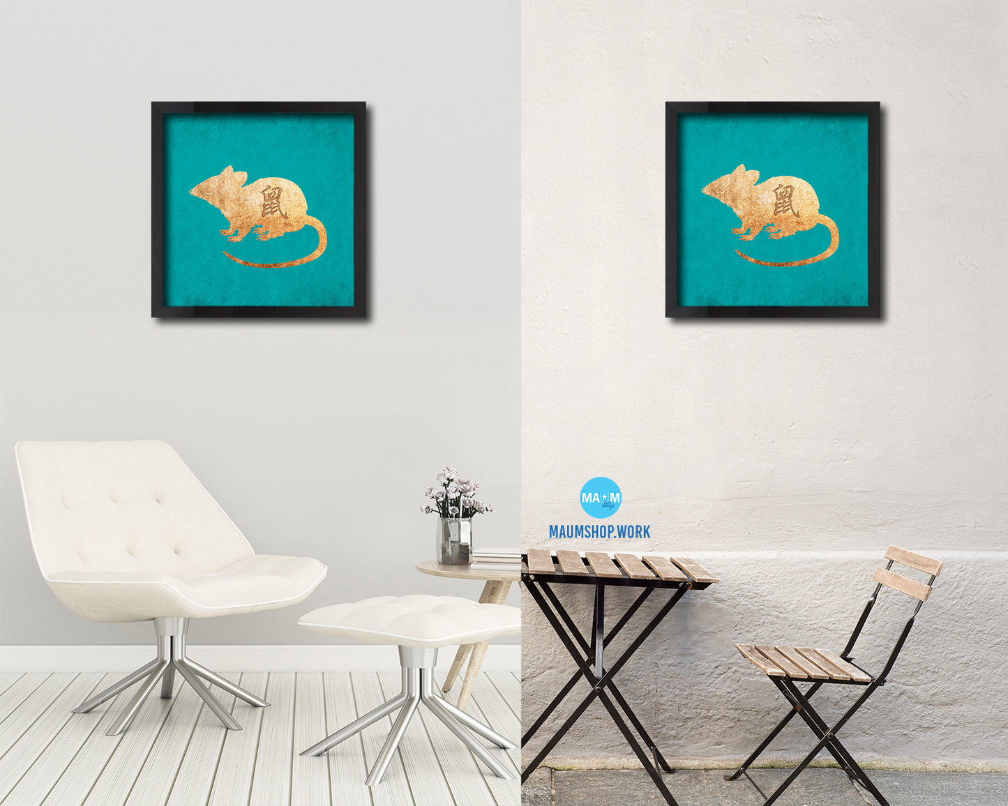 Rat Chinese Zodiac Character Wood Framed Print Wall Art Decor Gifts, Aqua