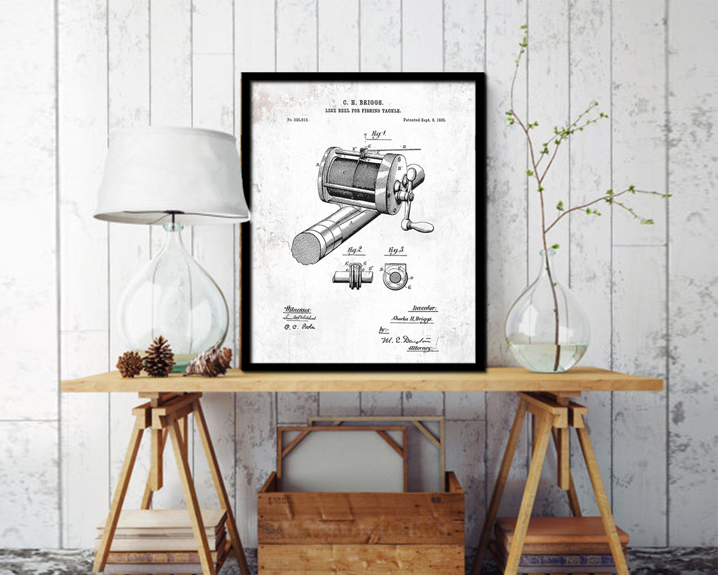 Line Reel Fishing Vintage Patent Artwork Black Frame Print Wall Art Decor Gifts