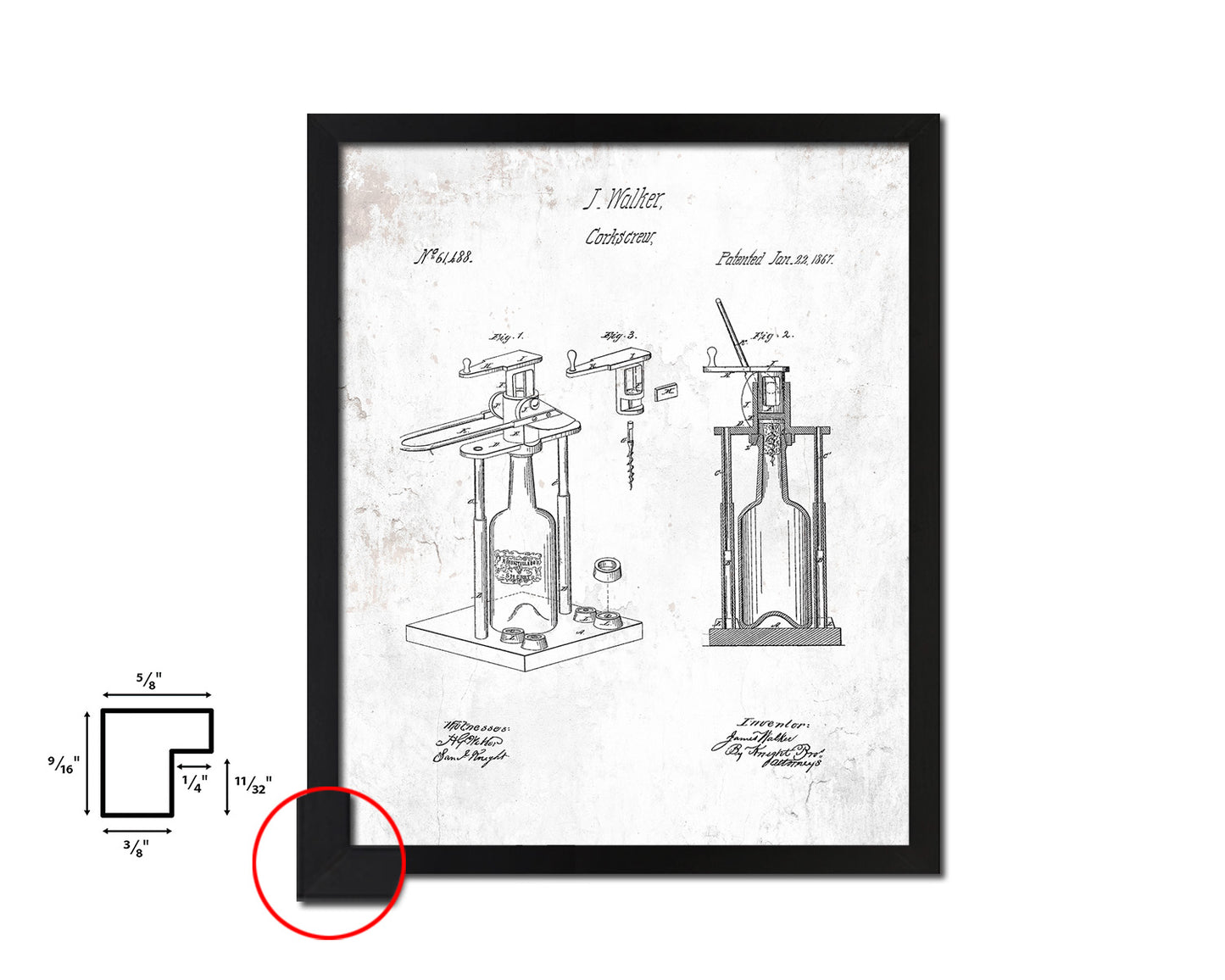 Corkscrew Wine Vintage Patent Artwork Black Frame Print Gifts