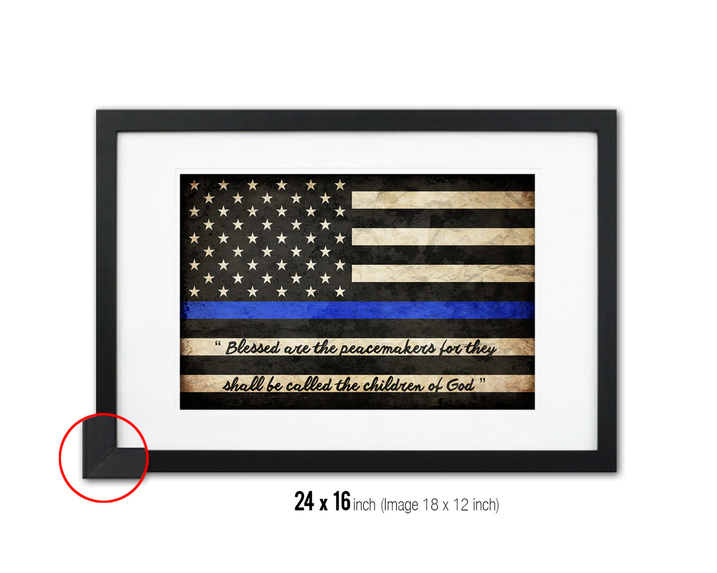 Thin Blue Line Honoring Law Enforcement American, Mathew 5-9 Vintage Military Flag Framed Print Art