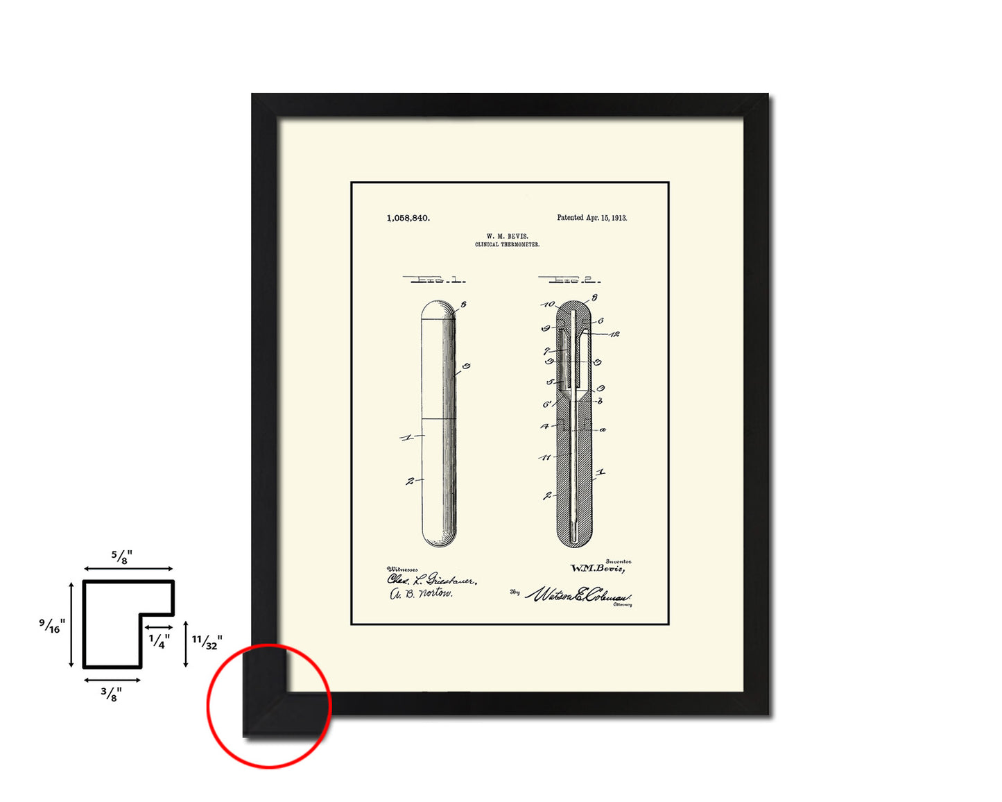 Tools Bevis Clinical Thermometer Doctor Vintage Patent Artwork Black Frame Print Gifts