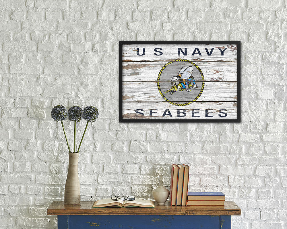 US Navy Seabees Wood Rustic Flag Wood Framed Print Wall Art Decor Gifts