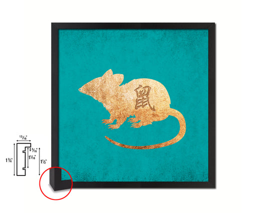 Rat Chinese Zodiac Character Wood Framed Print Wall Art Decor Gifts, Aqua