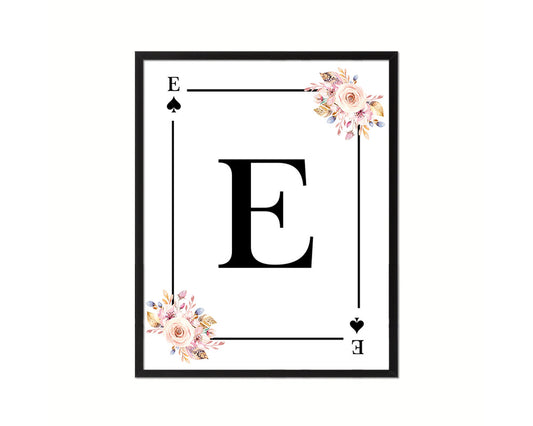 Letter E Personalized Boho Monogram Spade Card Decks Framed Print Wall Art Decor Gifts