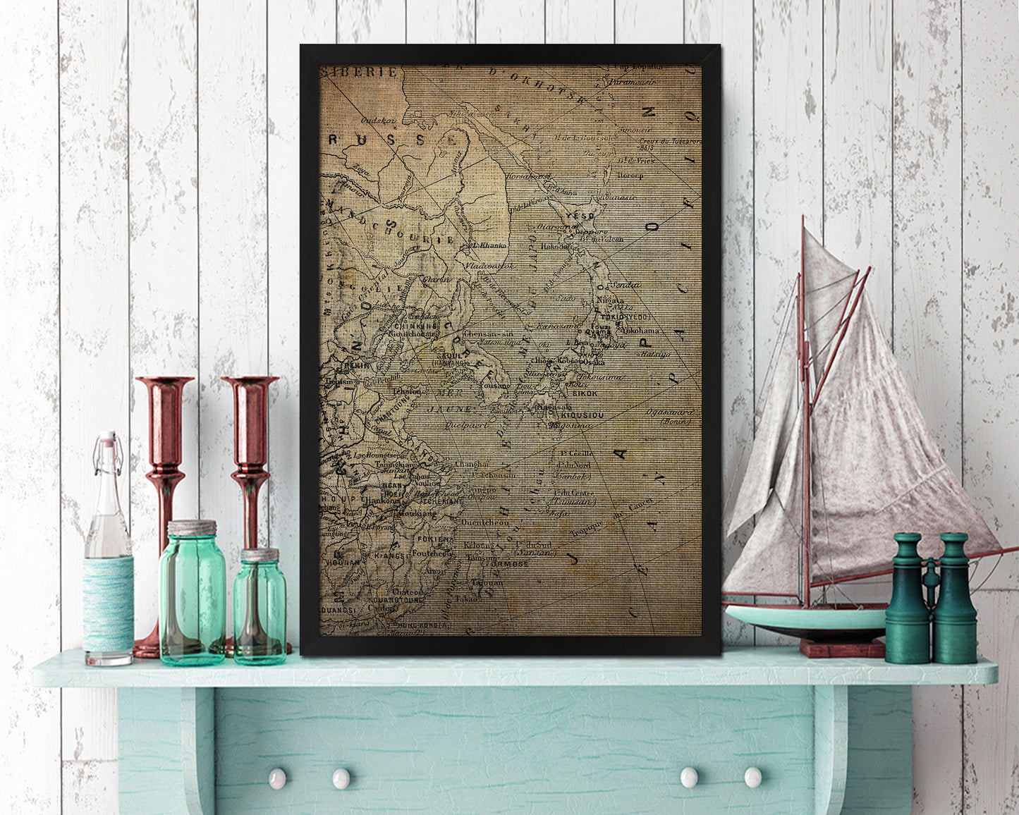 Japan Korea China Vintage Map Wood Framed Print Art Wall Decor Gifts