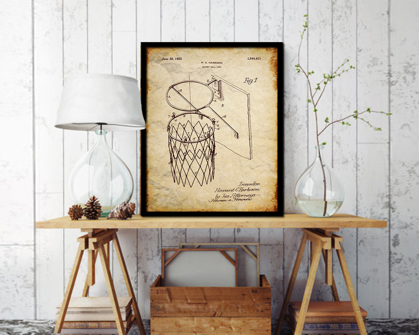 Basketball Goal Hoop and Net Sports Vintage Patent Artwork Walnut Frame Gifts