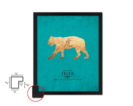 Tiger Chinese Zodiac Character Black Framed Art Paper Print Wall Art Decor Gifts, Aqua