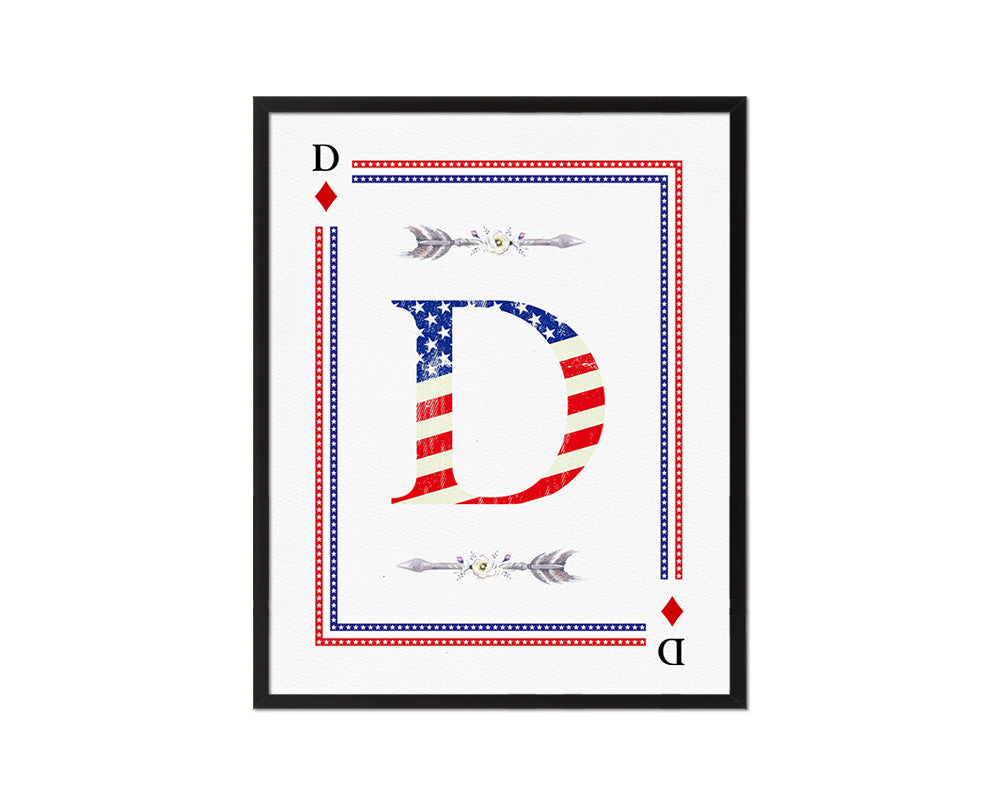 Letter D Custom Monogram Decks Diamond American Flag Framed Print Wall Art Decor Gifts