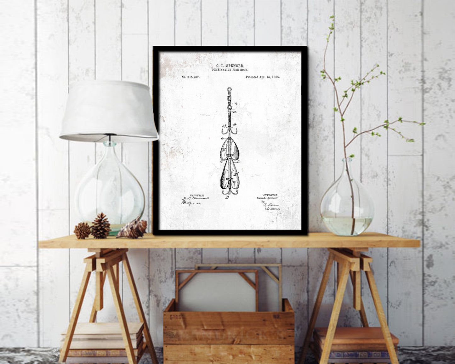 Combination Fish Hook Fishing Vintage Patent Artwork Black Frame Print Gifts