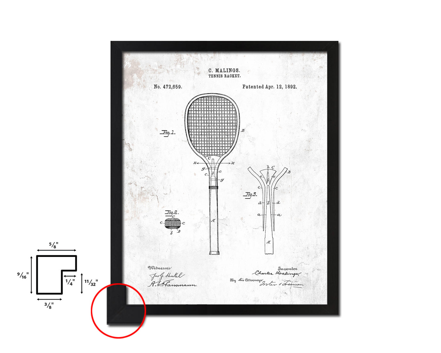 Tennis Racket Sports Vintage Patent Artwork Black Frame Print Gifts