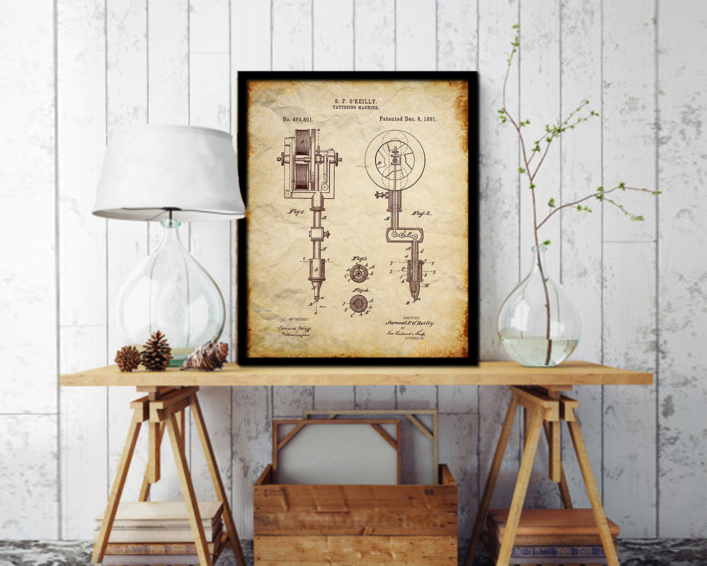 Tattooing Machine Tattoo Vintage Patent Artwork Walnut Frame Gifts