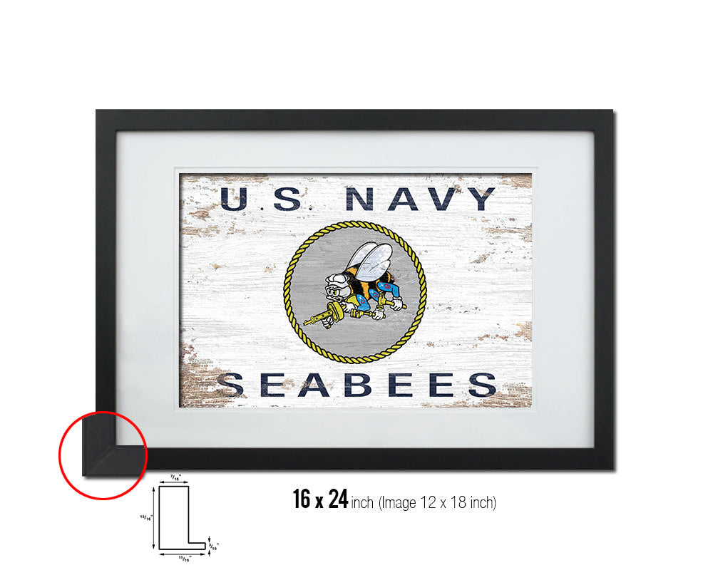 US Navy Seabees Shabby Chic Military Flag Framed Print Decor Wall Art Gifts