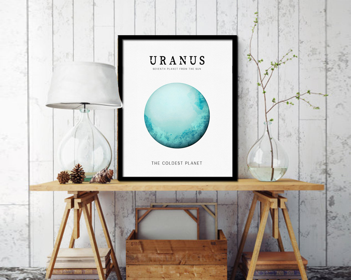 Uranus Planet Prints Watercolor Solar System Wood Framed Paper Print Wall Art Decor Gifts