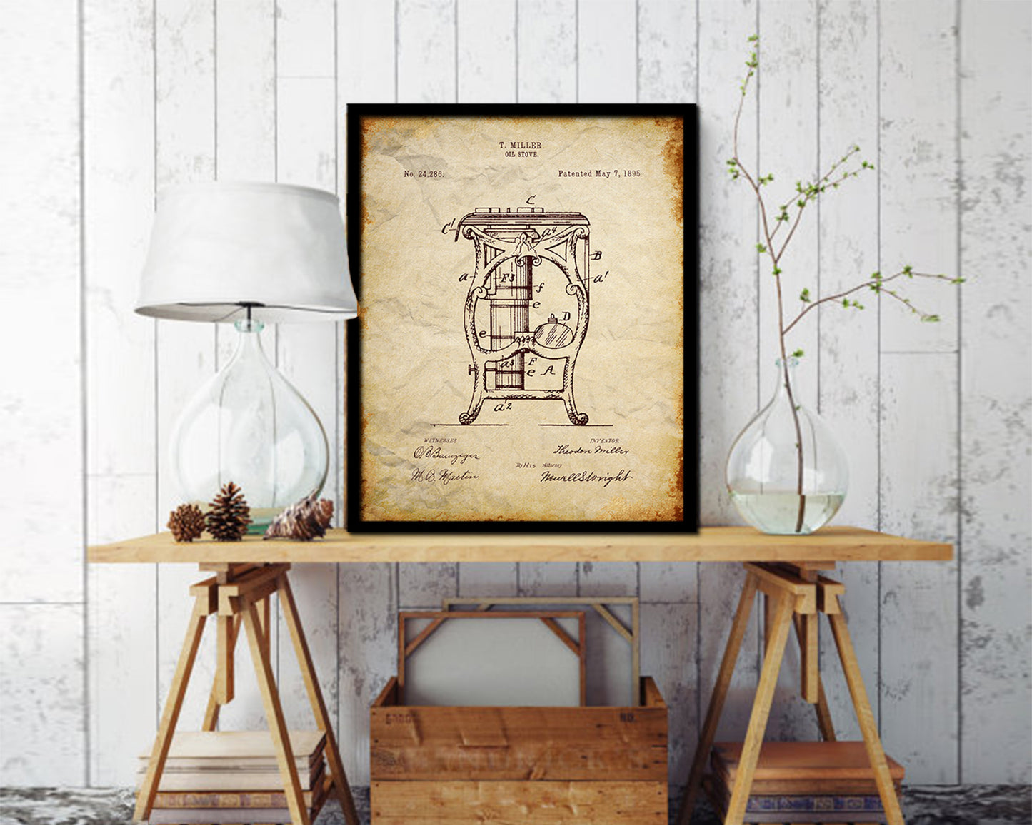 Oil Stove Kitchen Vintage Patent Artwork Walnut Frame Print Wall Art Decor Gifts