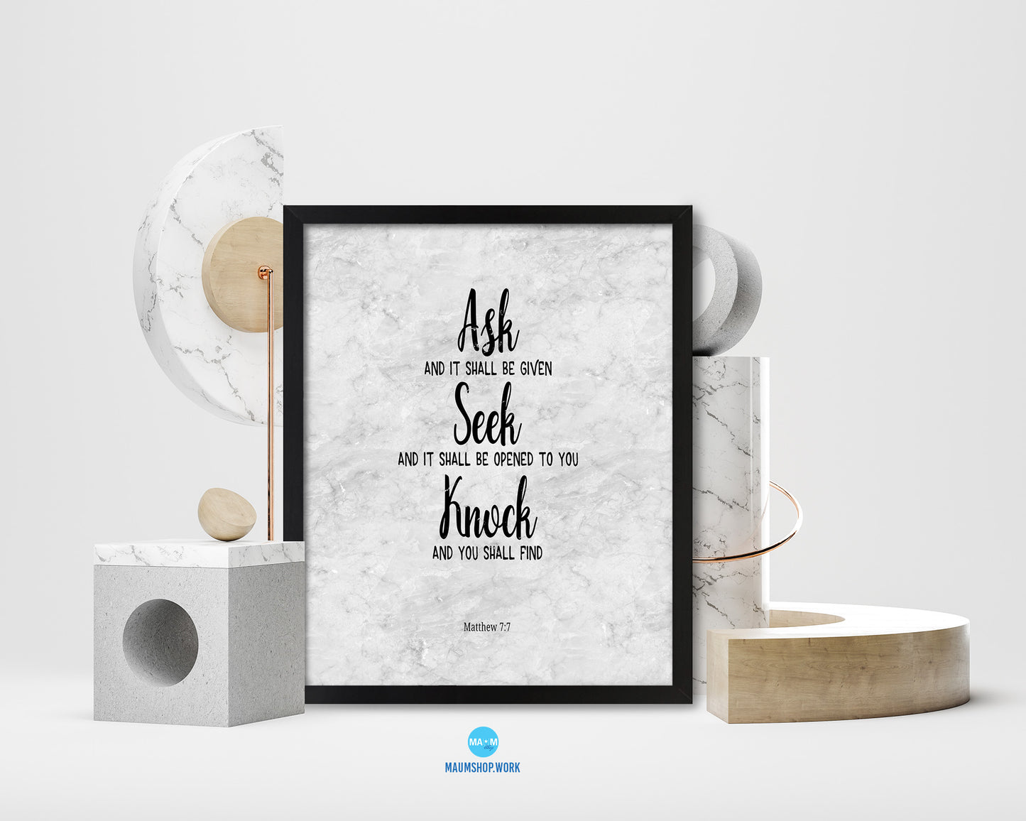 Ask Seek and Knock, Matthew 7:7 Bible Scripture Verse Framed Print Wall Art Decor Gifts