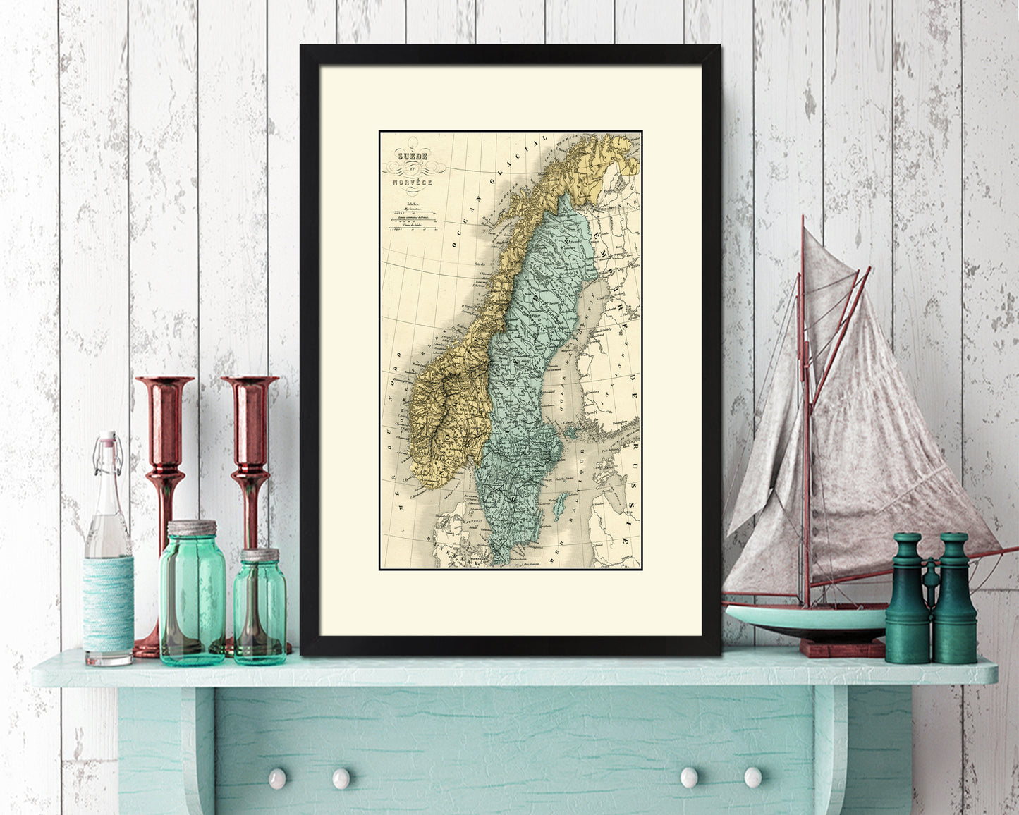 Sweden and Norway Old Map Wood Framed Print Art Wall Decor Gifts