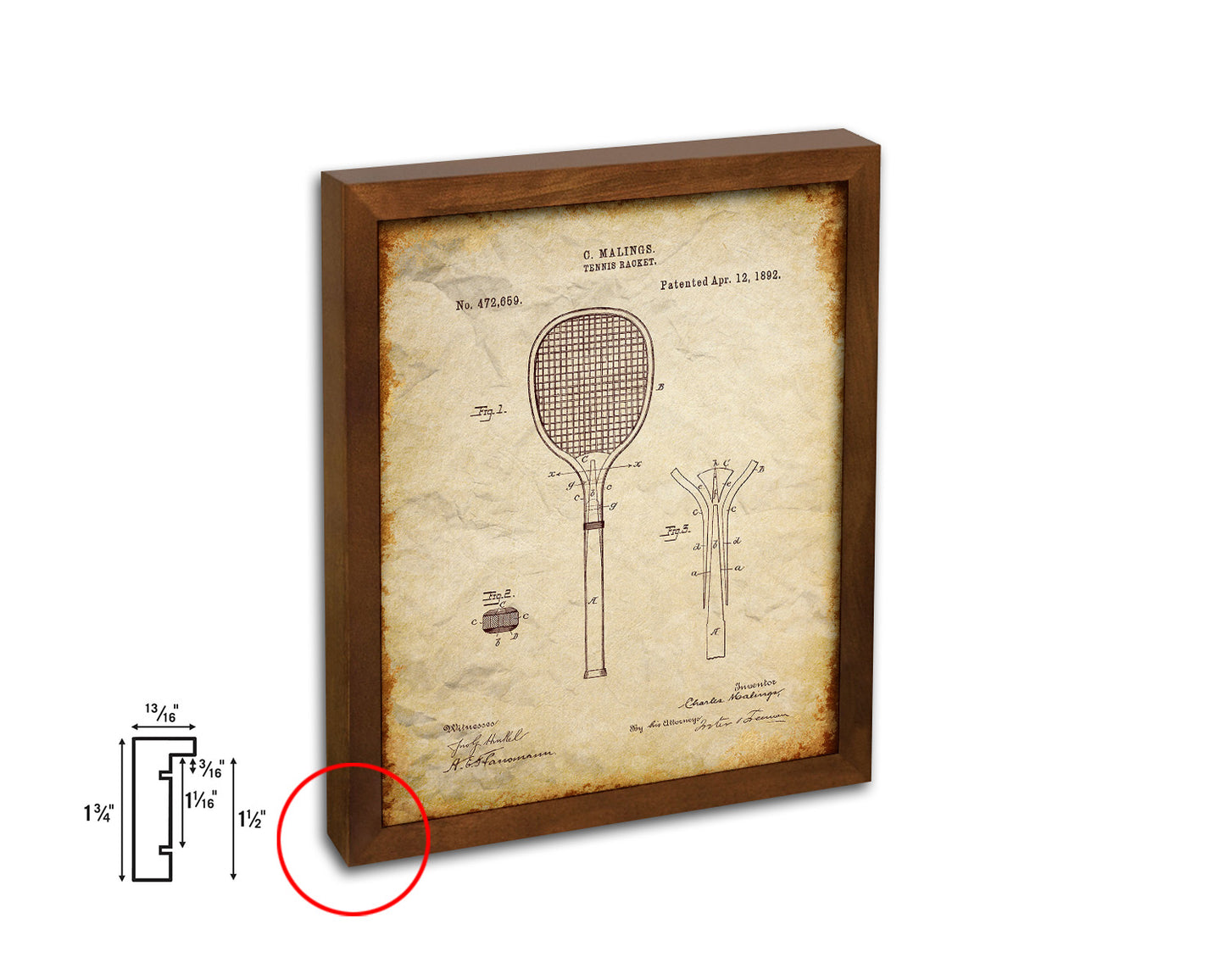 Tennis Racket Sports Vintage Patent Artwork Walnut Frame Gifts