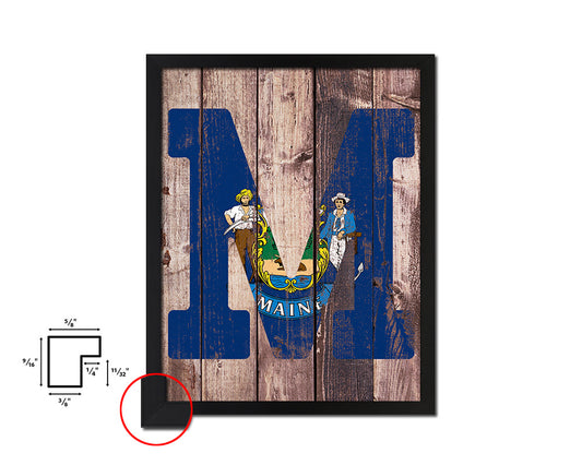 Maine State Initial Flag Wood Framed Paper Print Decor Wall Art Gifts, Wood