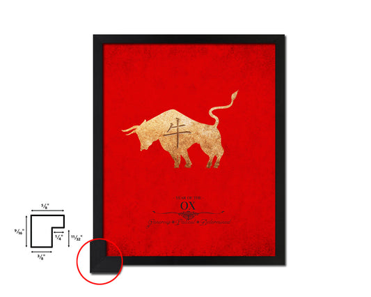 Ox Chinese Zodiac Character Black Framed Art Paper Print Wall Art Decor Gifts, Red