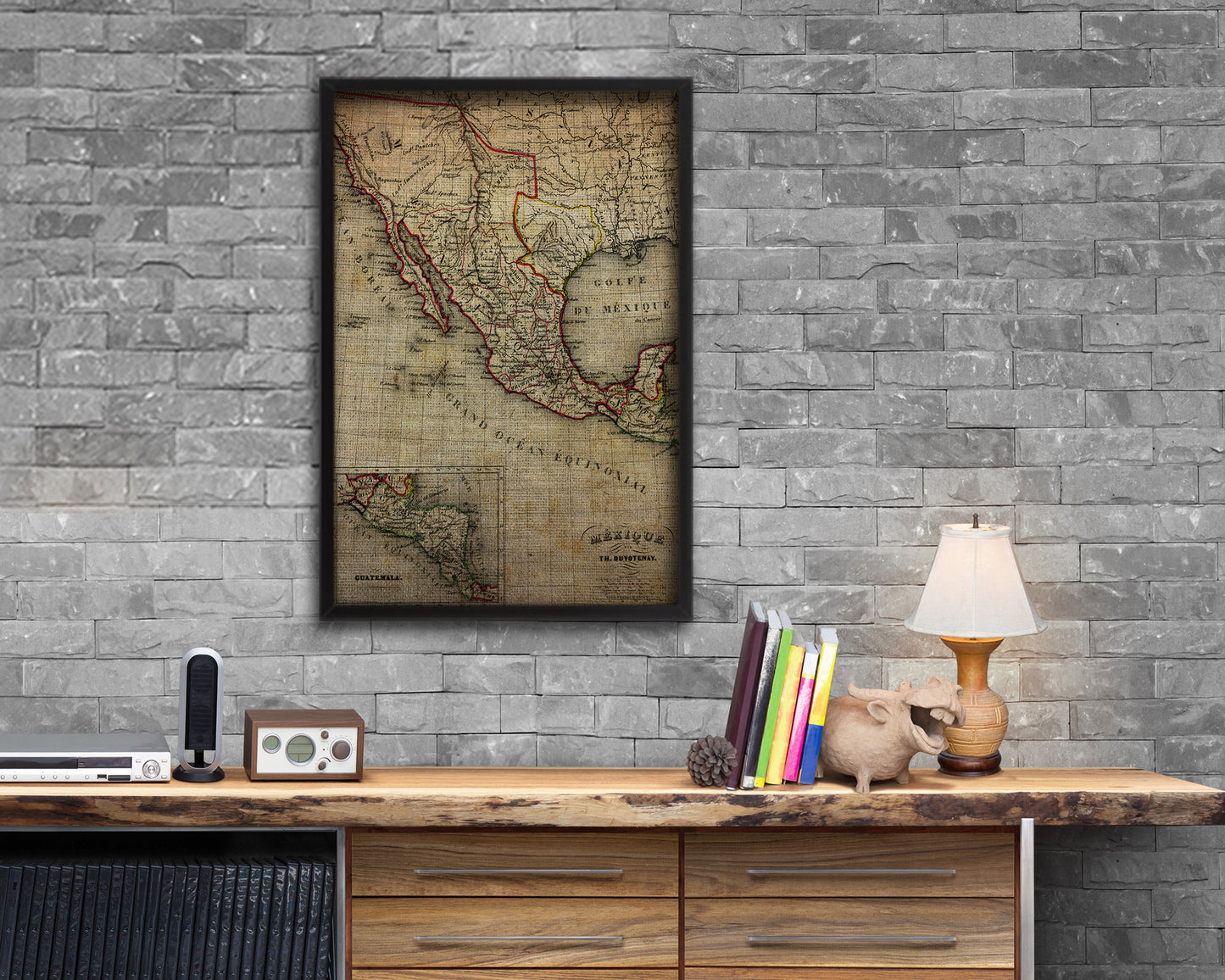 Mexico and Texas Republic Vintage Map Wood Framed Print Art Wall Decor Gifts