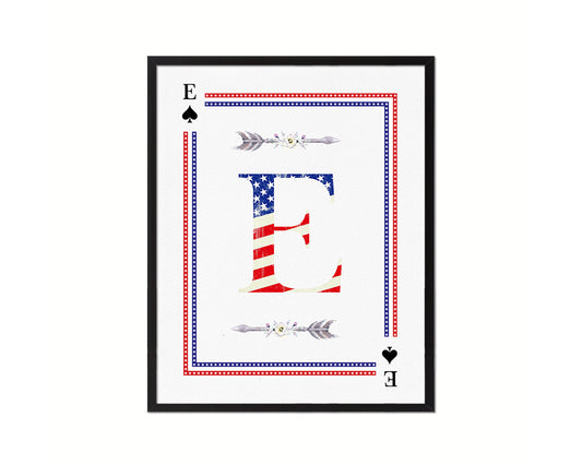 Letter E Custom Monogram Card Decks Spade American Flag Framed Print Wall Art Decor Gifts