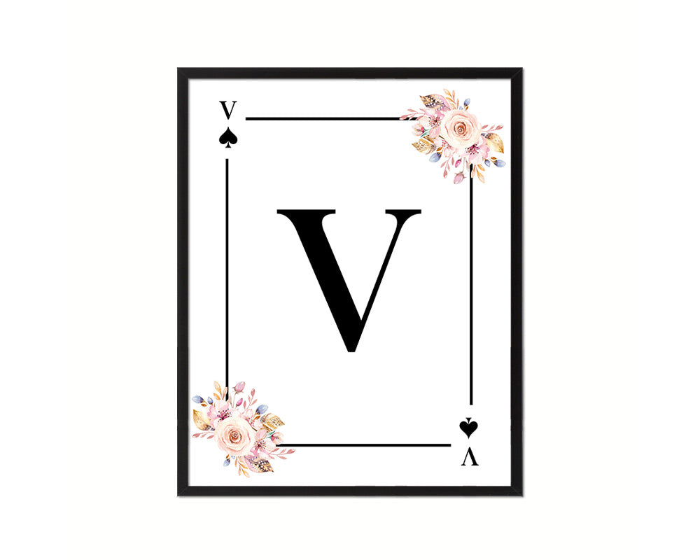 Letter V Personalized Boho Monogram Spade Card Decks Framed Print Wall Art Decor Gifts