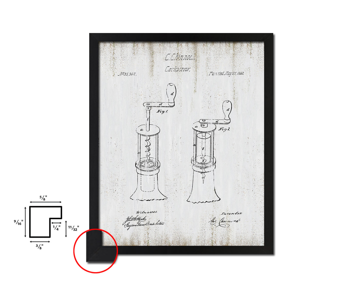 Corkscrew Wine Vintage Patent Artwork Black Frame Print Gifts