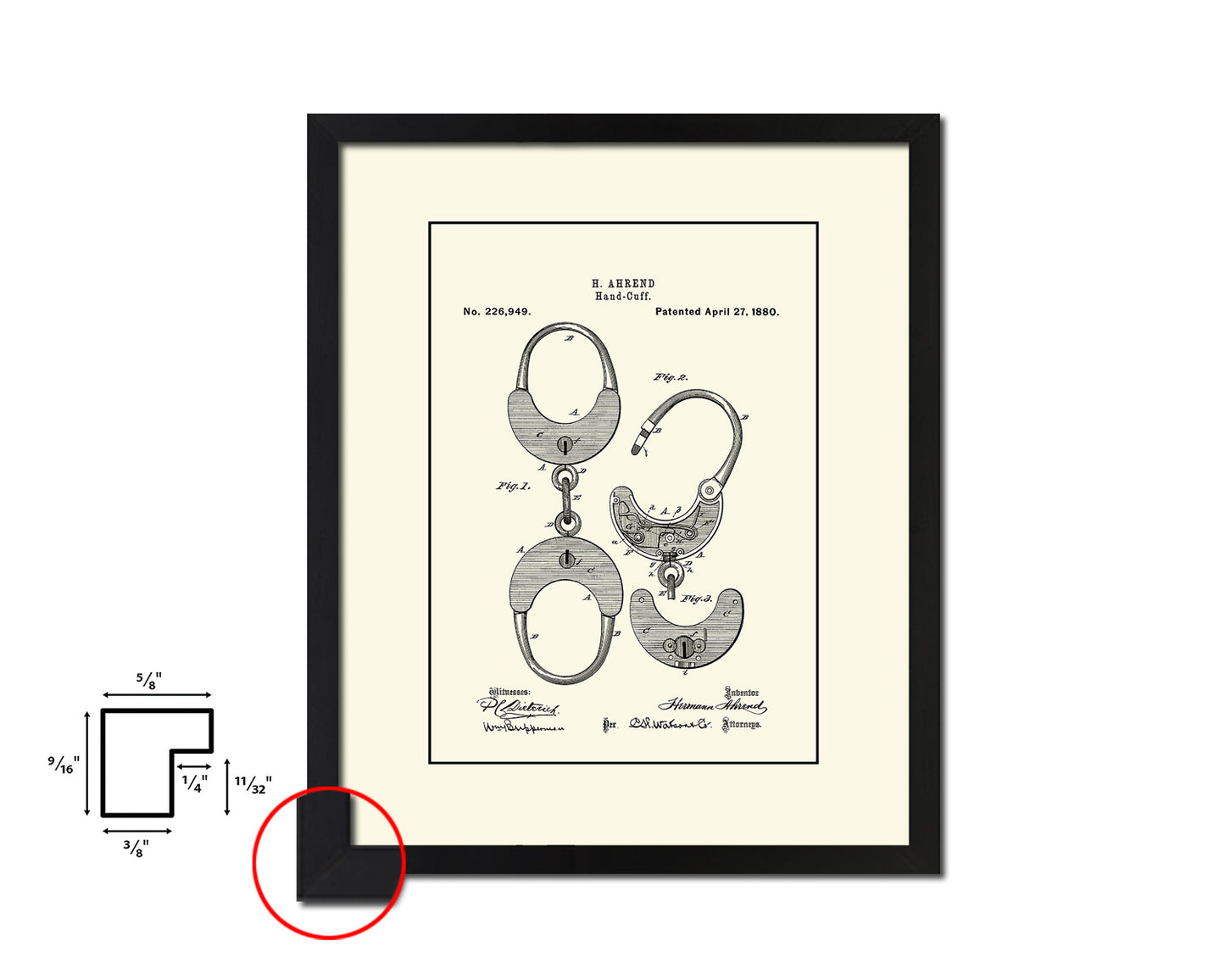 Handcuffs Police Vintage Patent Artwork Black Frame Print Wall Art Decor Gifts