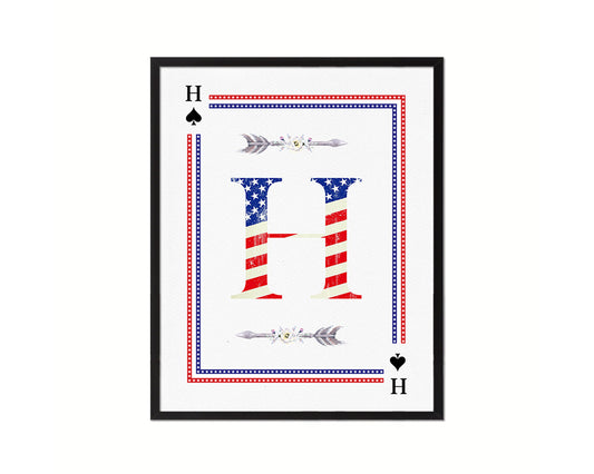 Letter H Custom Monogram Card Decks Spade American Flag Framed Print Wall Art Decor Gifts