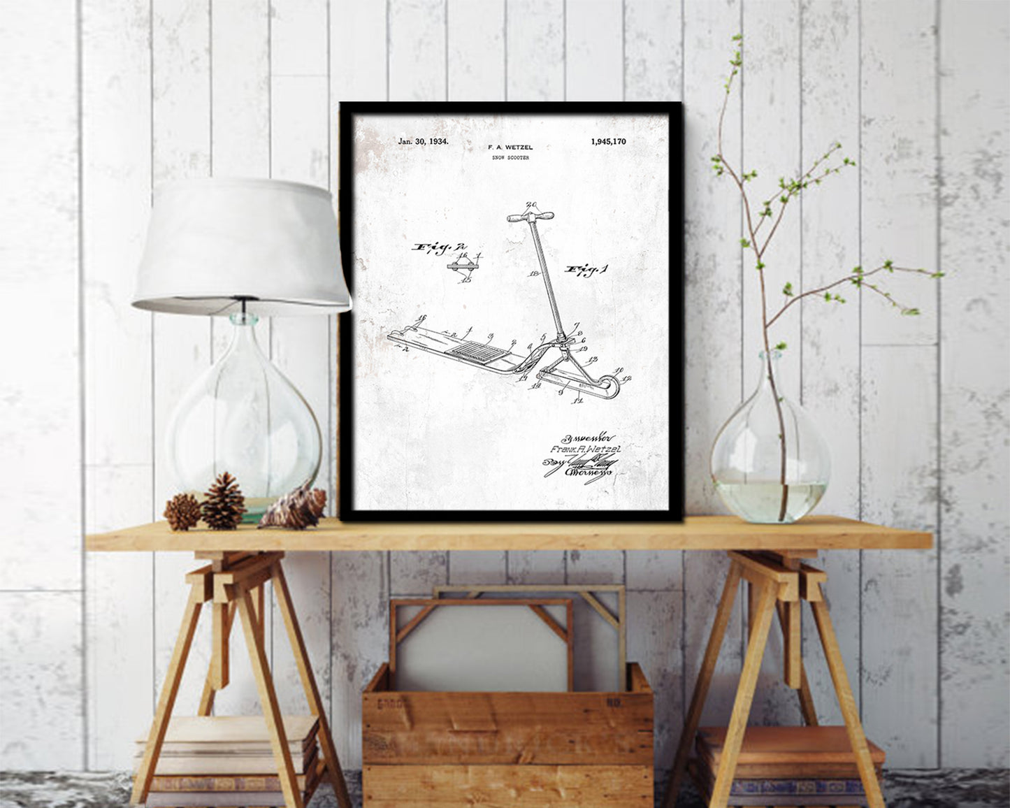 Snow Scooter Sports Vintage Patent Artwork Black Frame Print Gifts