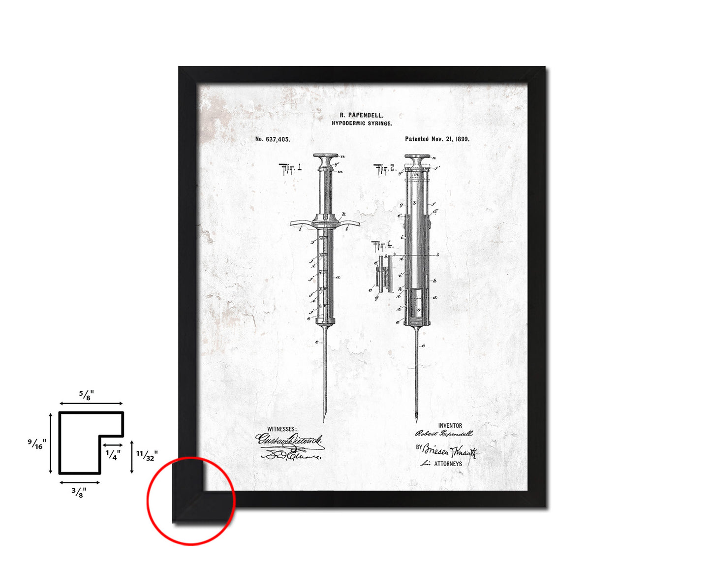 Papendell Hypodermic Syringe Doctor Vintage Patent Artwork Black Frame Print Gifts