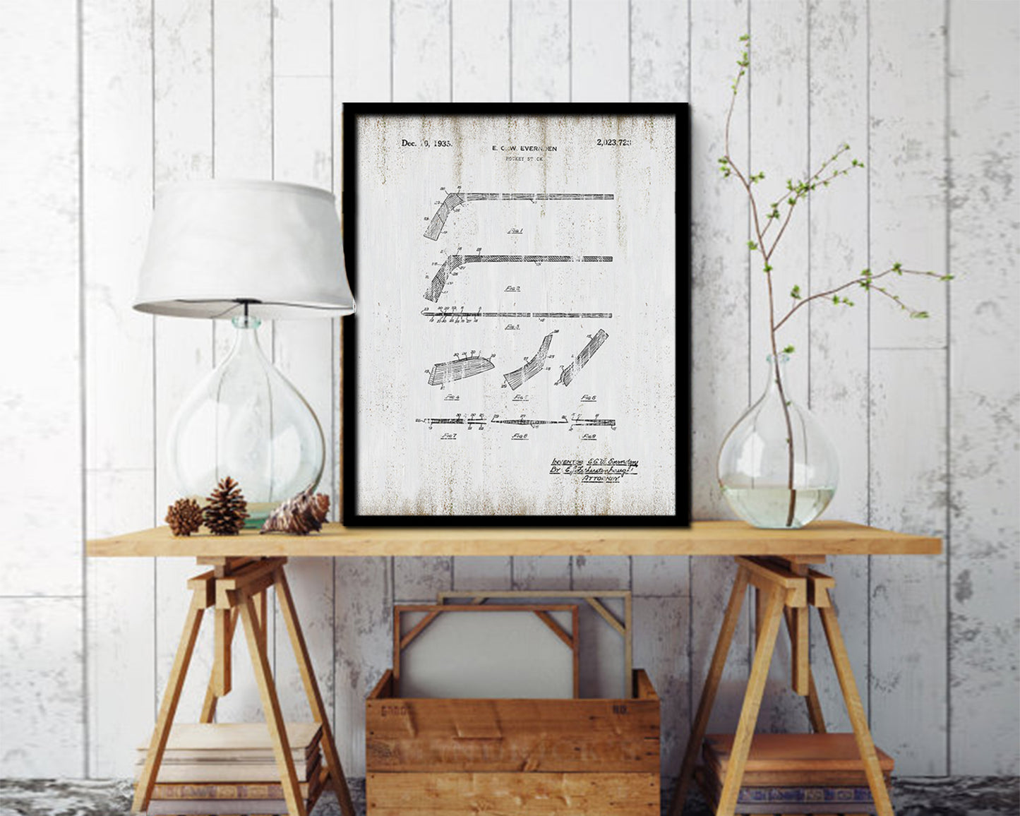 Hockey Stick Sports Vintage Patent Artwork Black Frame Print Gifts