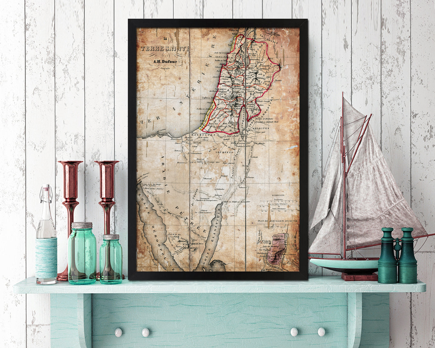 Holy Land Palestine Israel Vintage Map Wood Framed Print Art Wall Decor Gifts