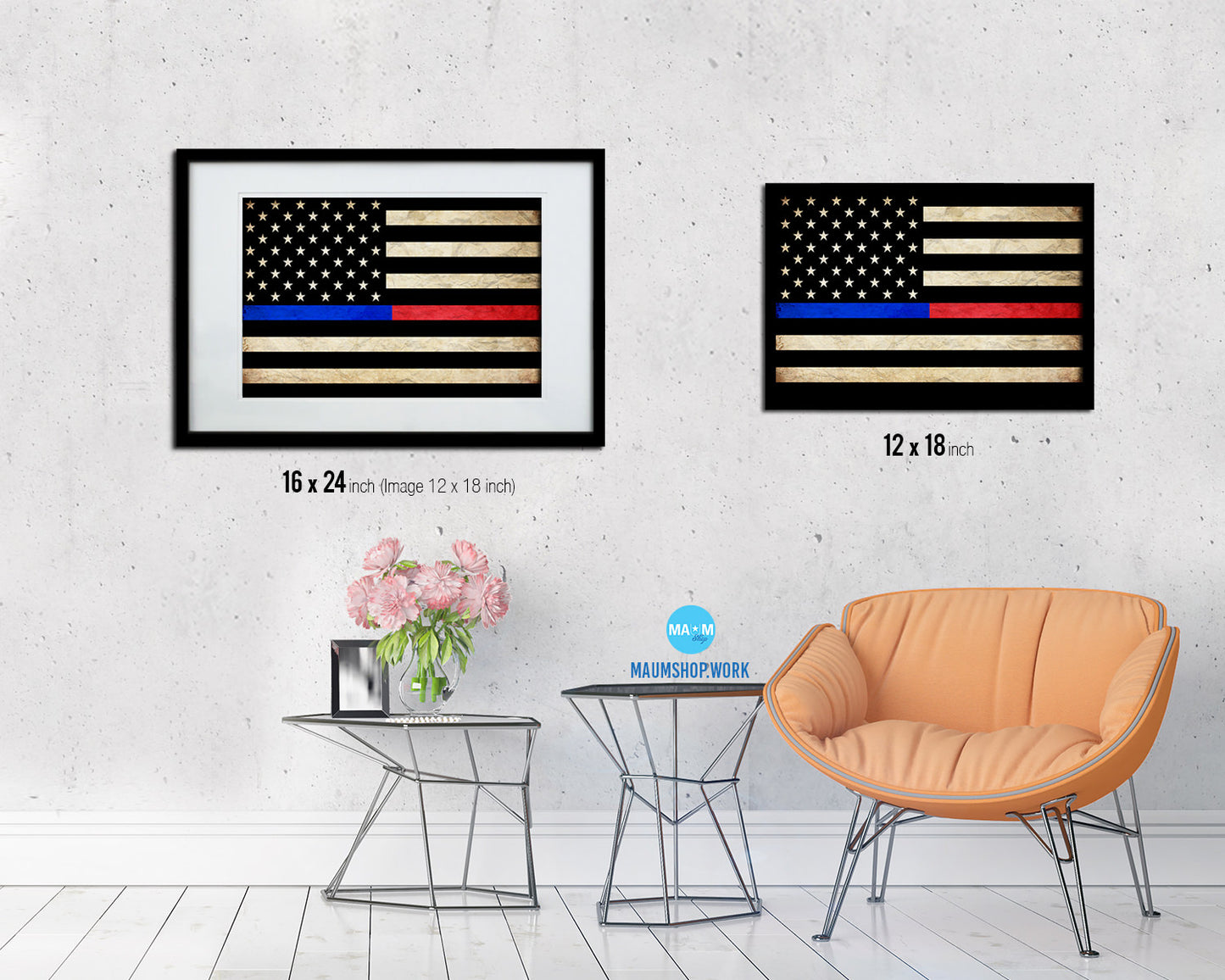 Thin Blue Line Police & Thin Red Line Firefighter Respect & Honor Law Enforcement Vintage Military Flag Art