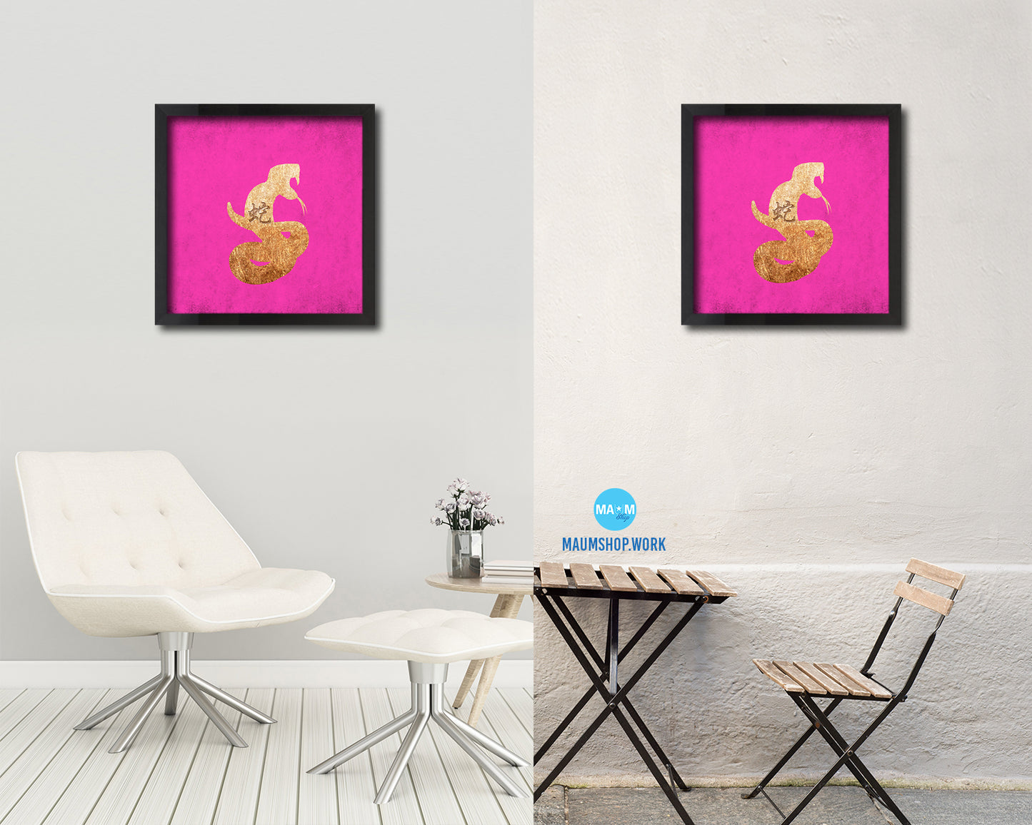 Snake Chinese Zodiac Character Wood Framed Print Wall Art Decor Gifts, Pink