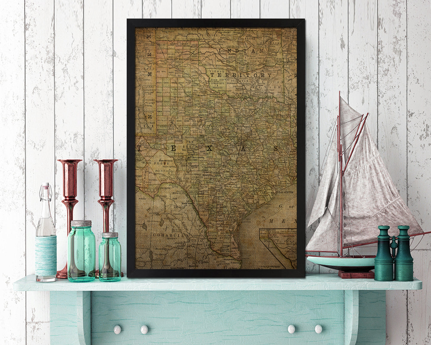 Texas with Oklahoma as Indian Territory Vintage Map Wood Framed Print Art Wall Decor Gifts