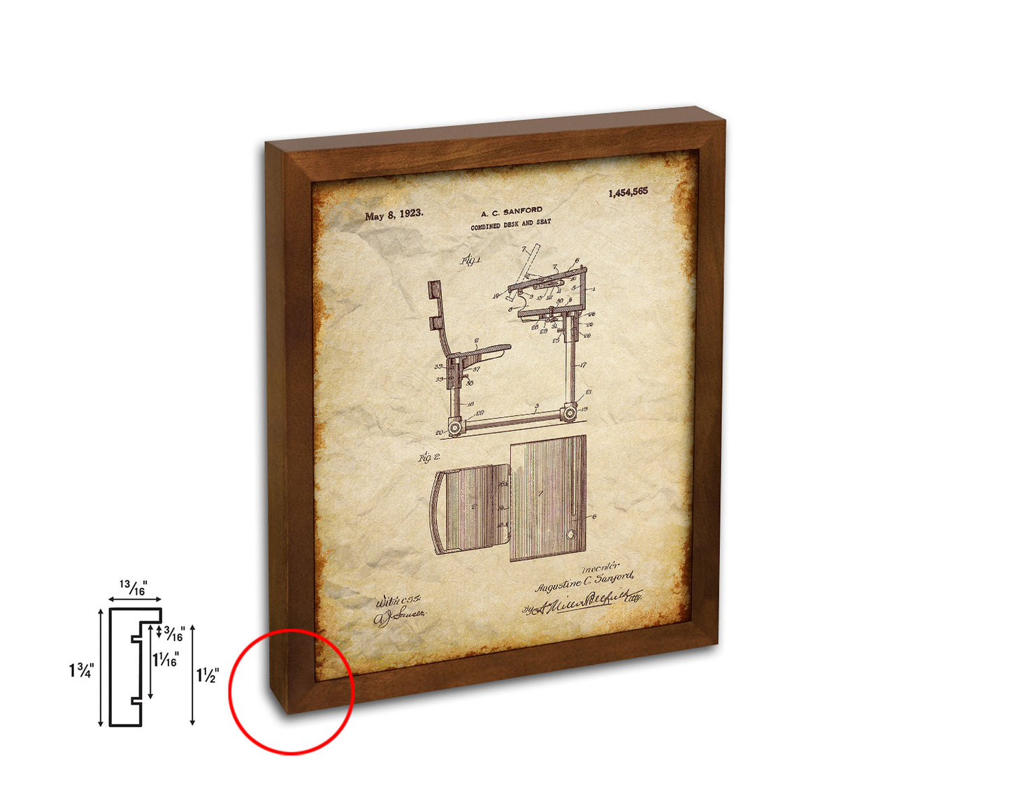 Combined Desk and Seat School Vintage Patent Artwork Walnut Frame Gifts