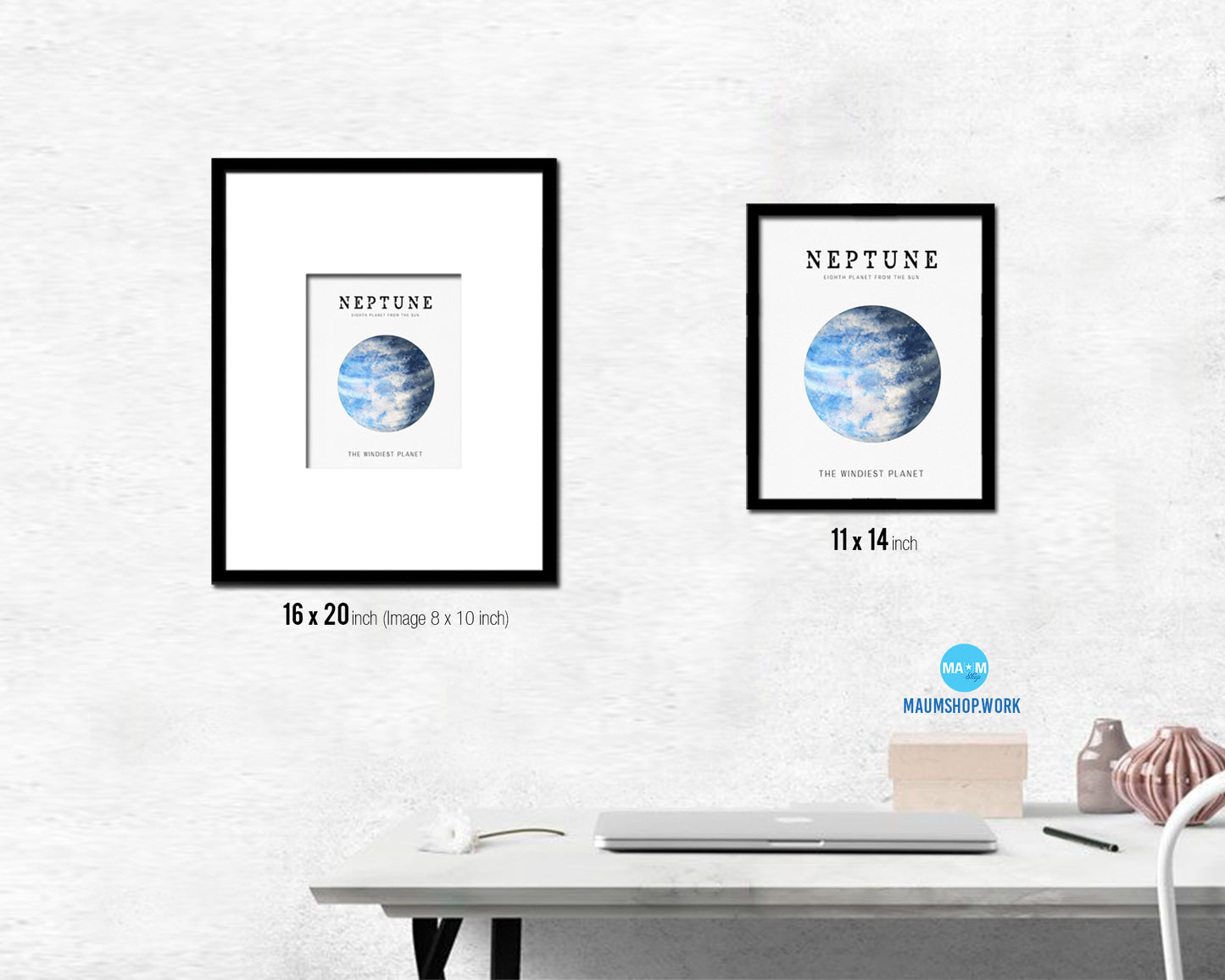 Neptune Planet Prints Watercolor Solar System Wood Framed Paper Print Wall Art Decor Gifts